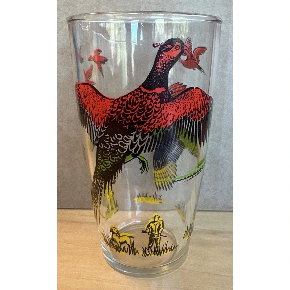 Hazel Atlas Pheasant VTG Glass Tumbler Hunter White‎ Bird Dog Vintage 24 oz 6.6